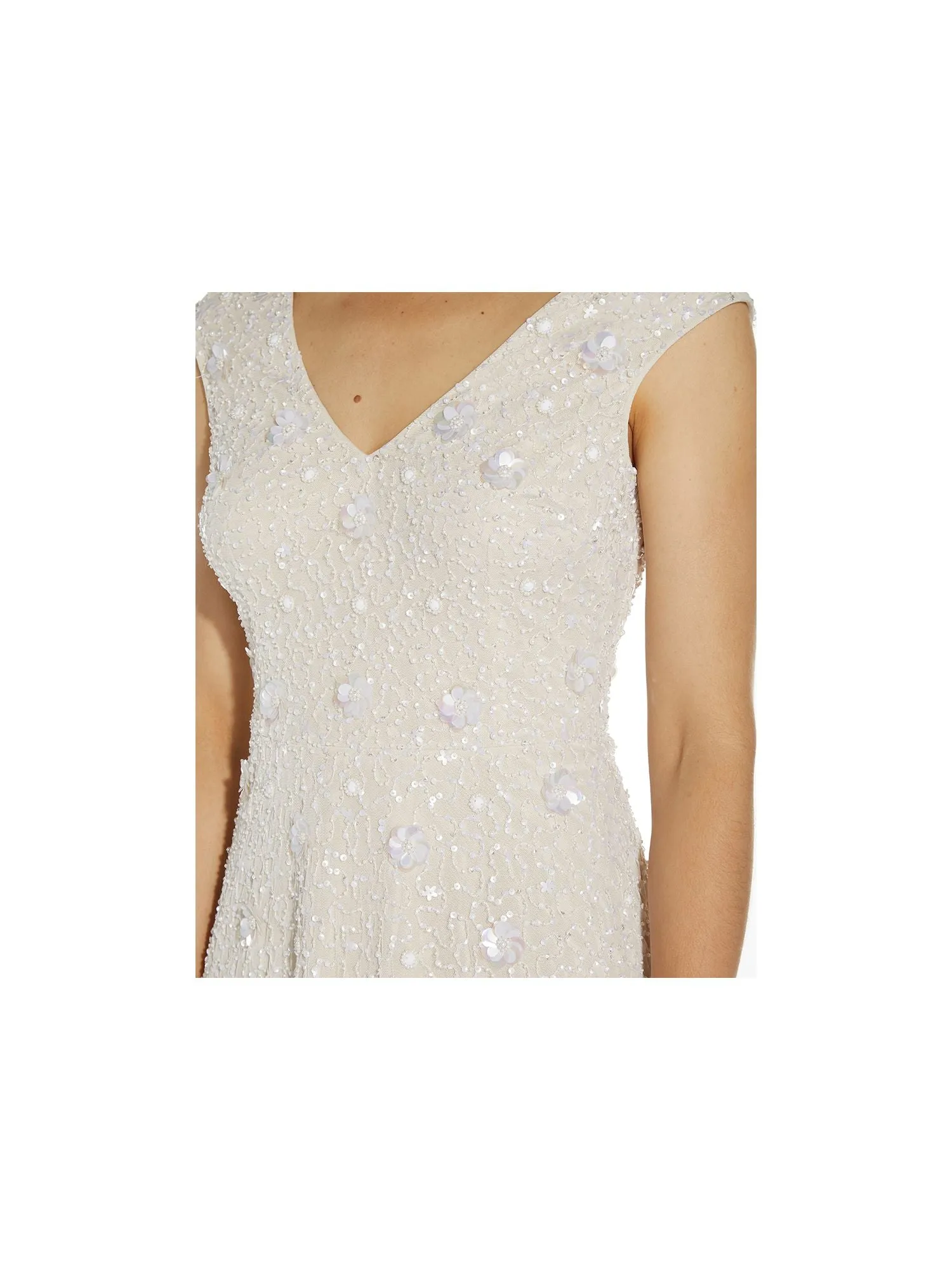 ADRIANNA PAPELL Womens Beige Beaded Zippered V Back Lined Cap Sleeve V Neck Knee Length Party Fit   Flare Dress