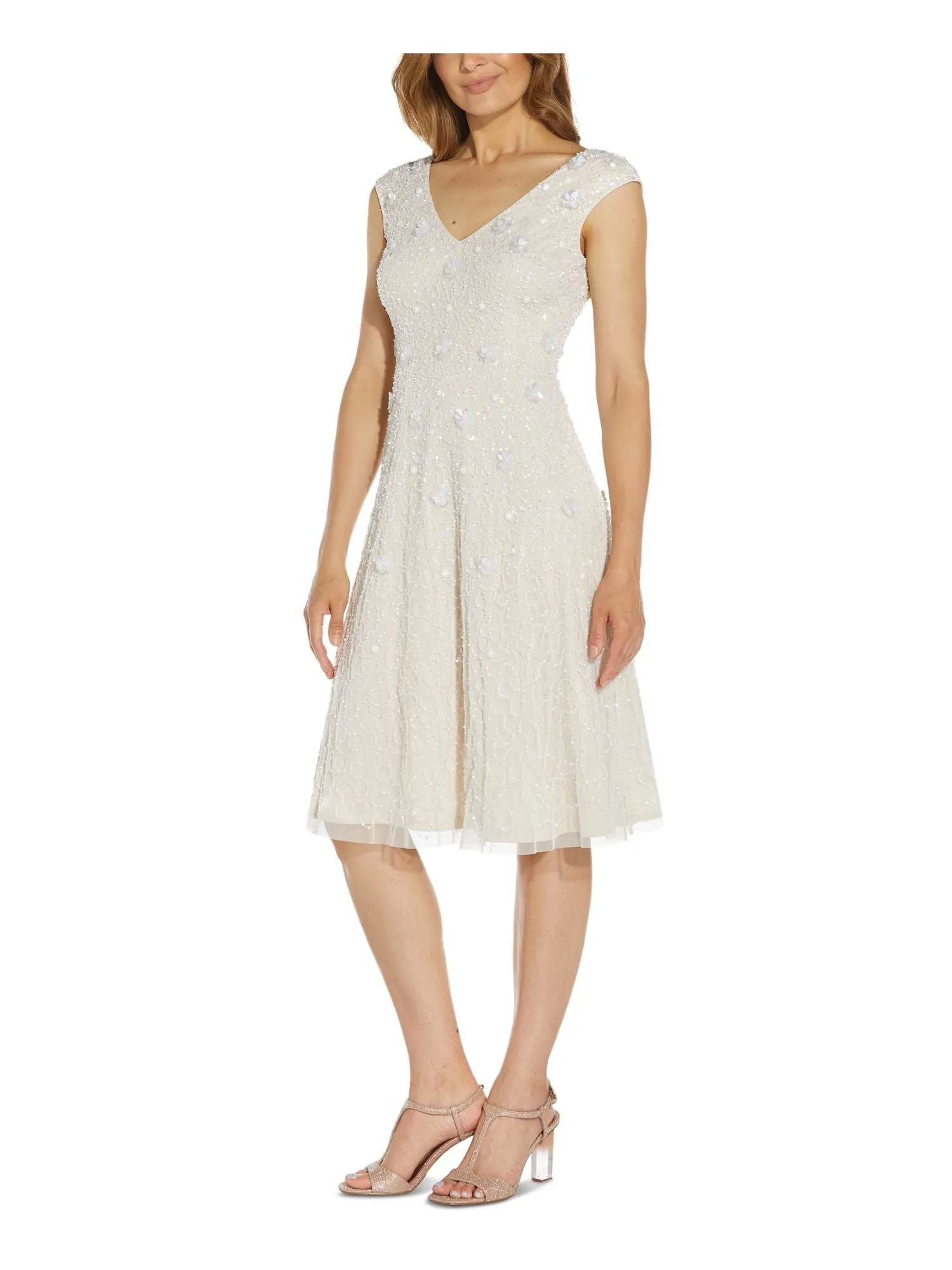 ADRIANNA PAPELL Womens Beige Beaded Zippered V Back Lined Cap Sleeve V Neck Knee Length Party Fit   Flare Dress