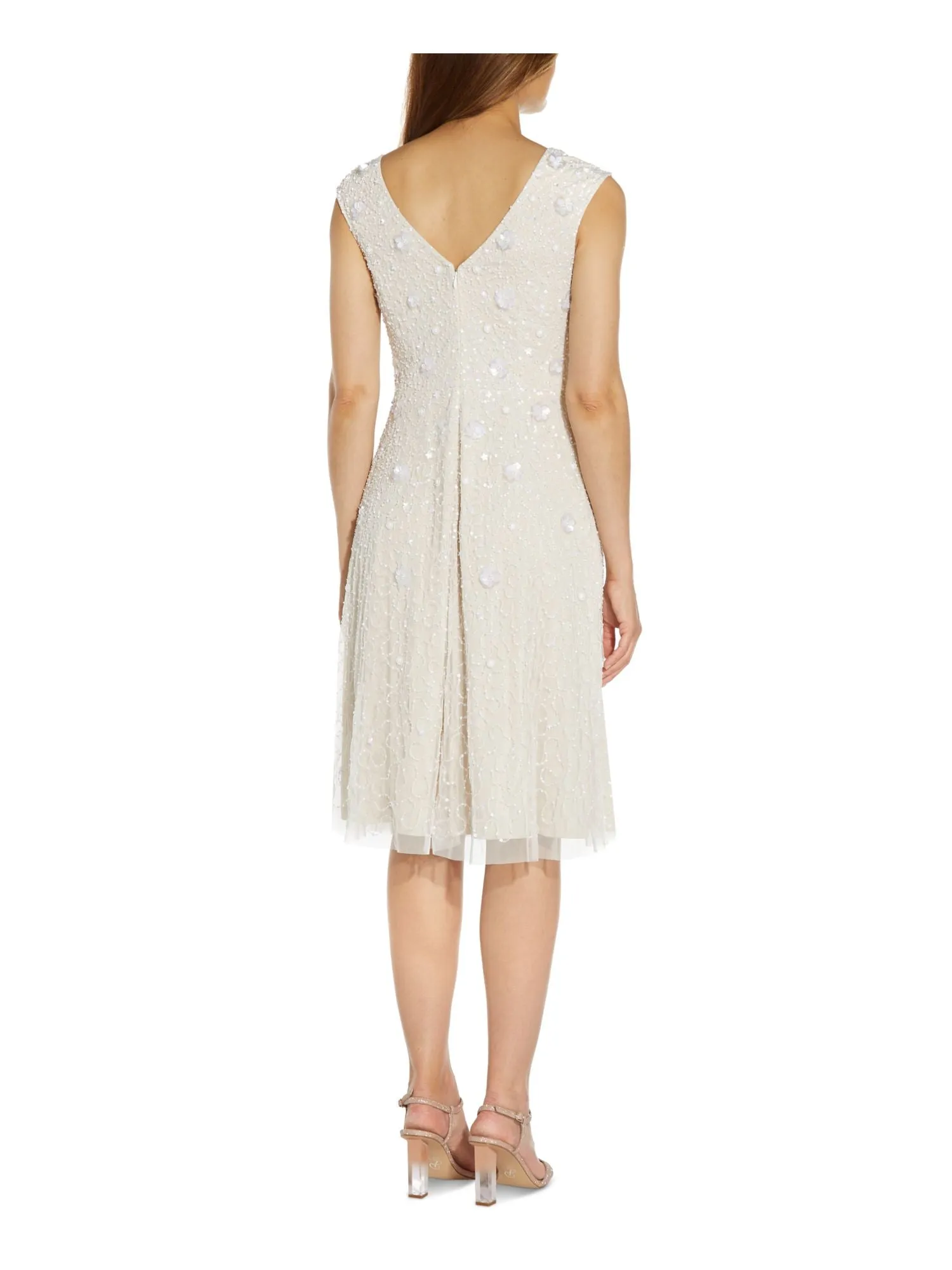 ADRIANNA PAPELL Womens Beige Beaded Zippered V Back Lined Cap Sleeve V Neck Knee Length Party Fit   Flare Dress
