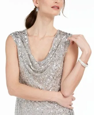 ADRIANNA PAPELL Womens Sequined Sleeveless Cowl Neck Evening Dress