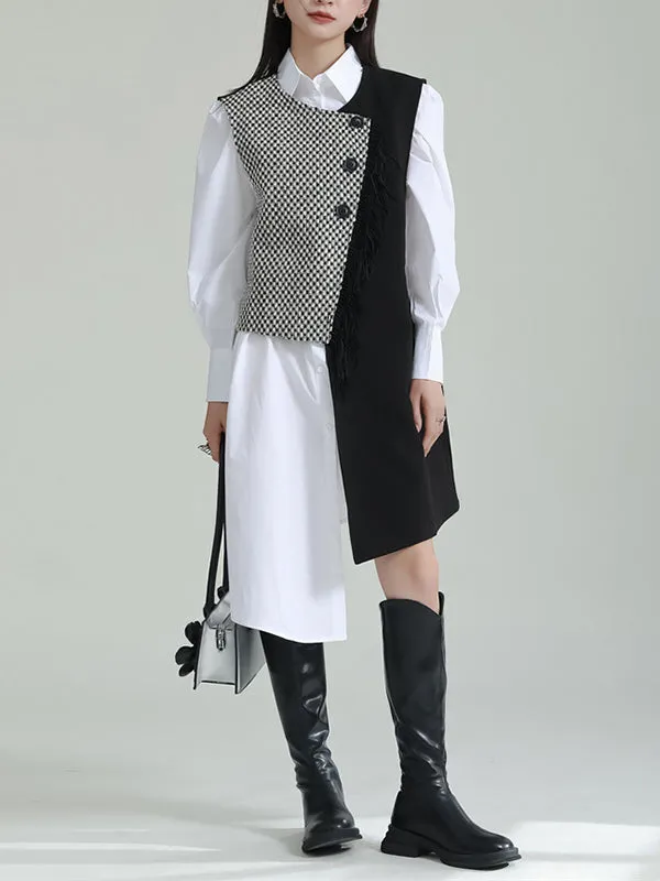 Asymmetric Buttoned Houndstooth Sleeveless Vest Outerwear