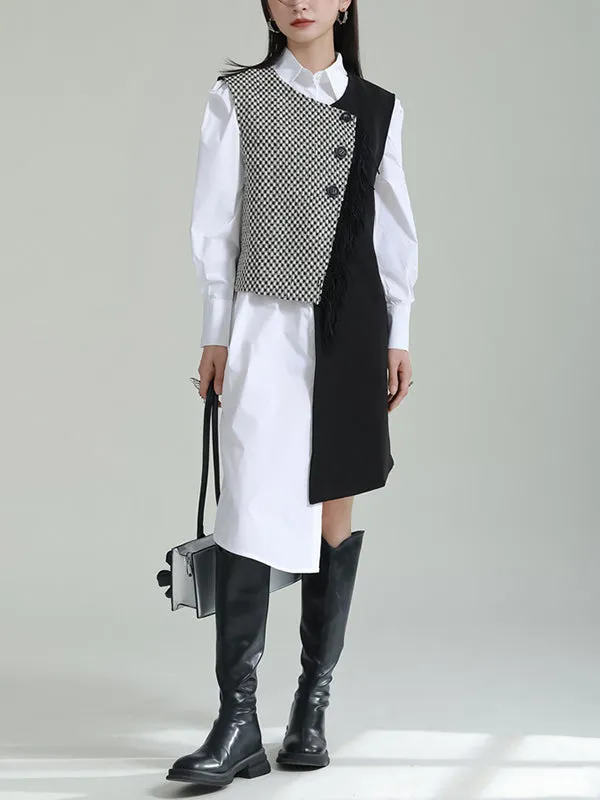 Asymmetric Buttoned Houndstooth Sleeveless Vest Outerwear