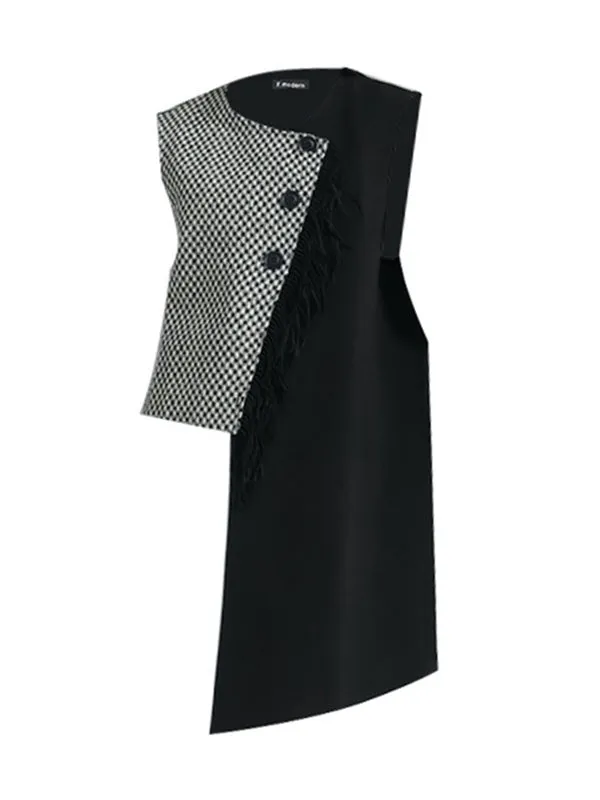 Asymmetric Buttoned Houndstooth Sleeveless Vest Outerwear