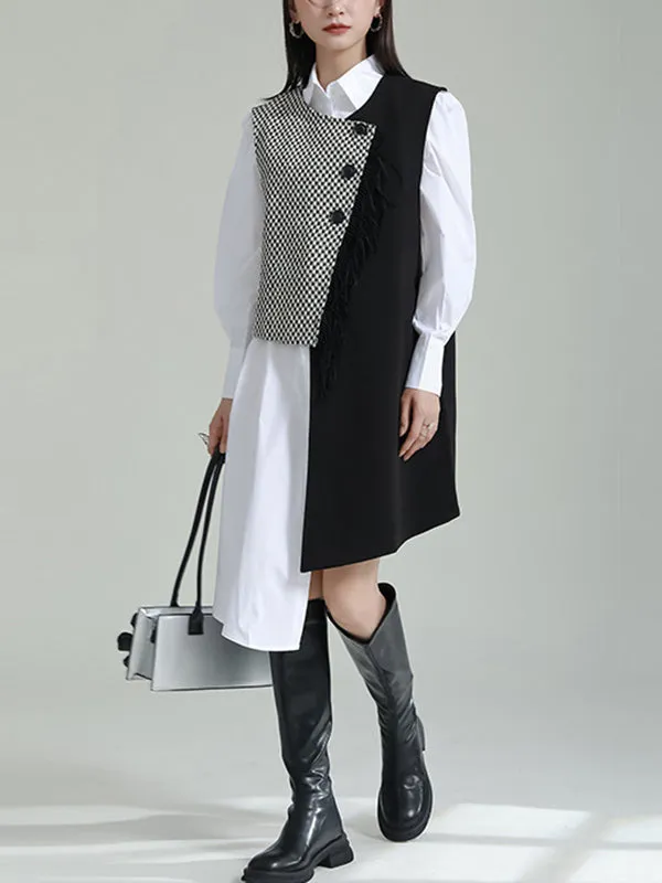 Asymmetric Buttoned Houndstooth Sleeveless Vest Outerwear