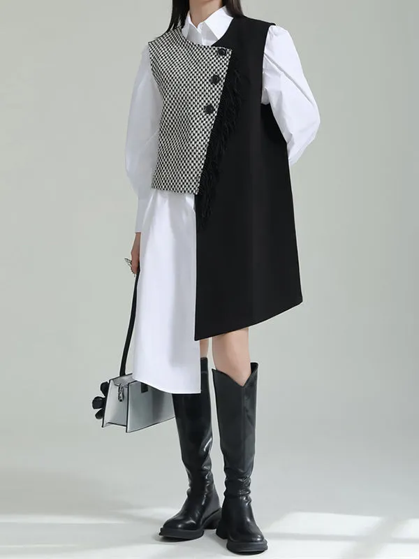 Asymmetric Buttoned Houndstooth Sleeveless Vest Outerwear