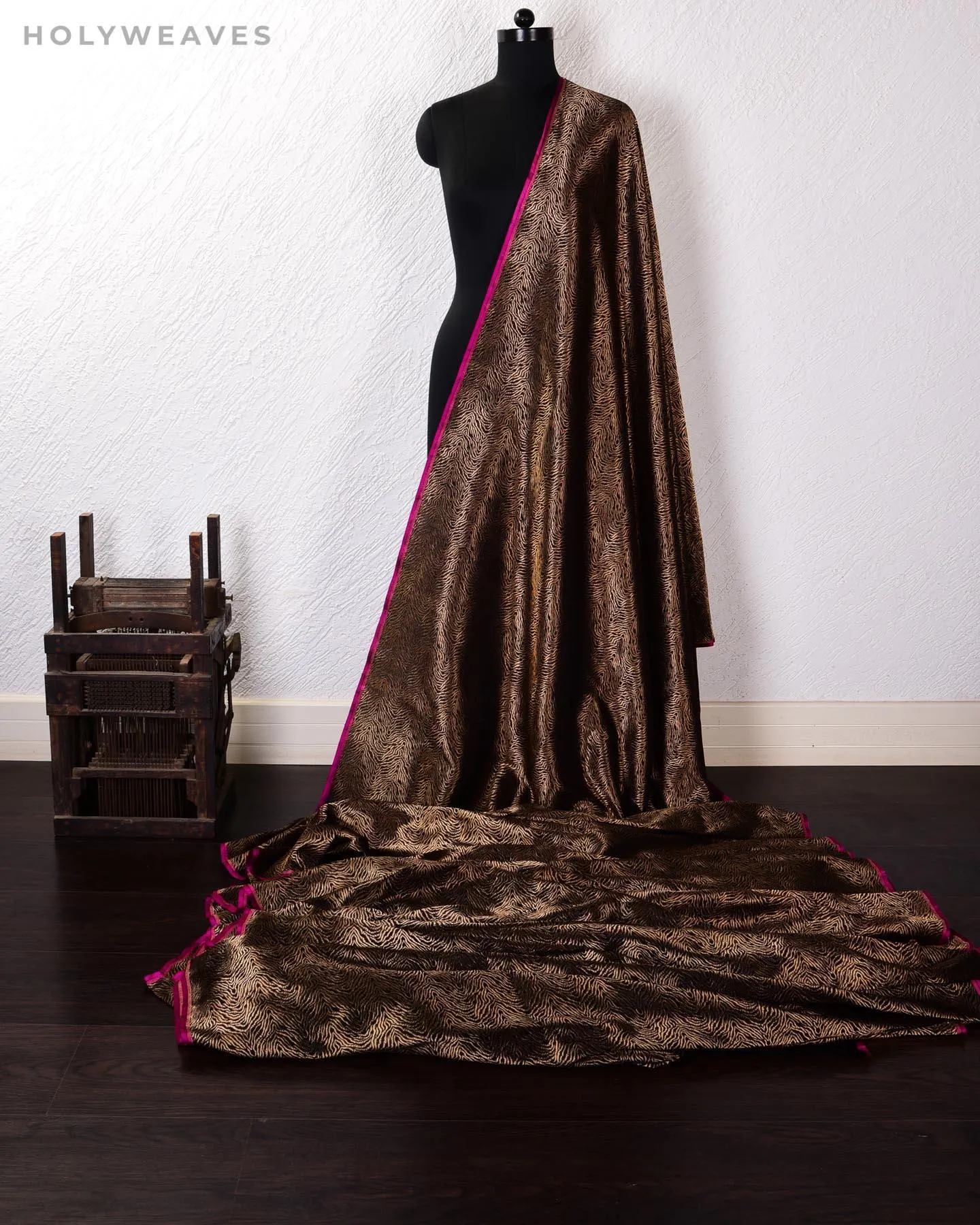 Black Banarasi RB Tiger Antique Zari Cutwork Brocade Handwoven Katan Silk Fabric