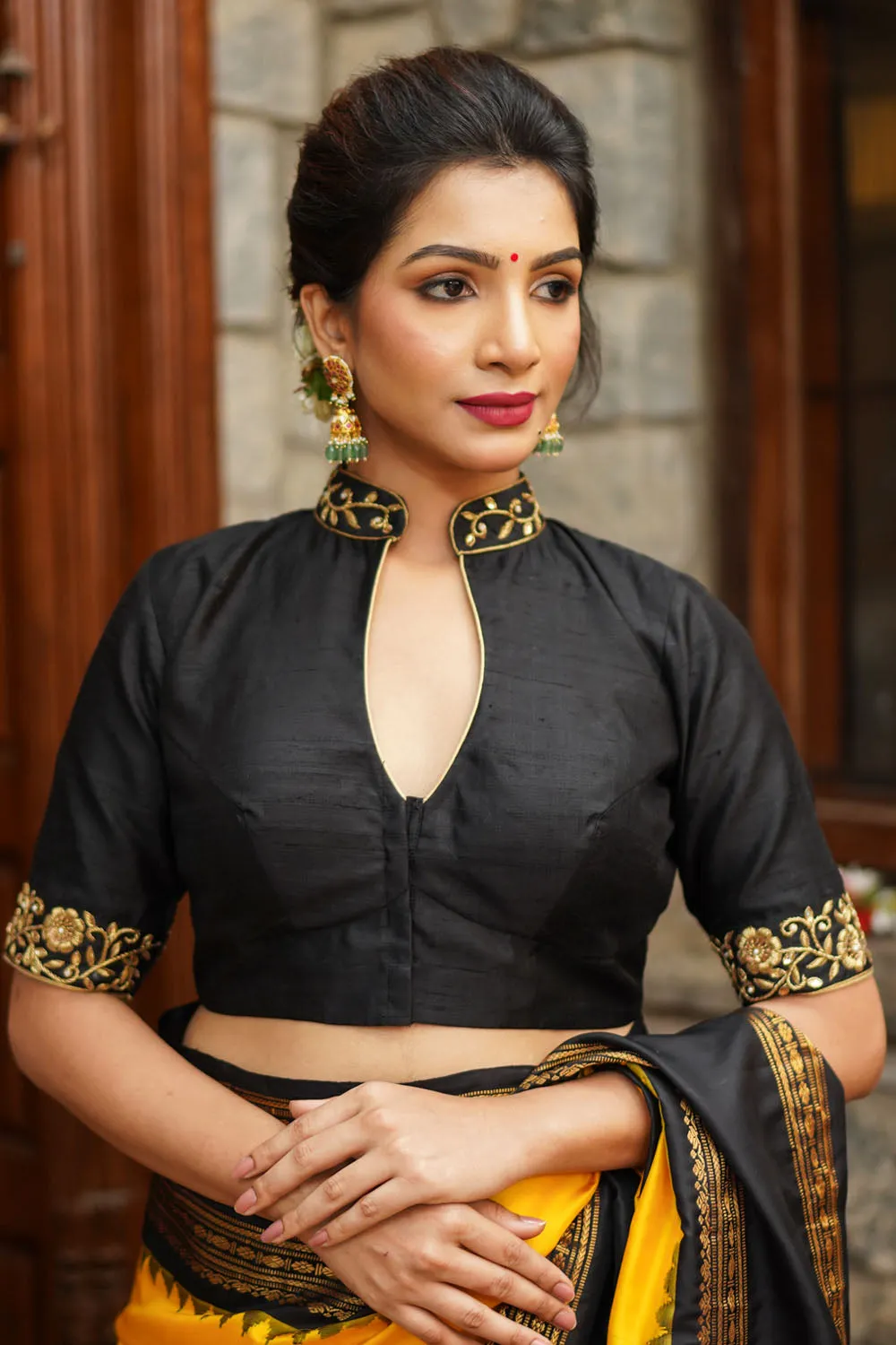 Black Raw Silk Blouse with Collar Neck and Zardosi Work Mix and Match Blouse for saree, Made to Order