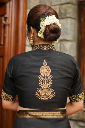 Black Raw Silk Blouse with Collar Neck and Zardosi Work Mix and Match Blouse for saree, Made to Order