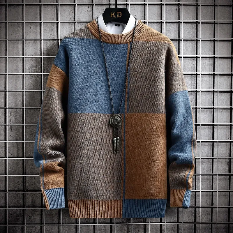 Casual Sweater Thick Warm Pullover Mens Patchwork Plaid Sweaters