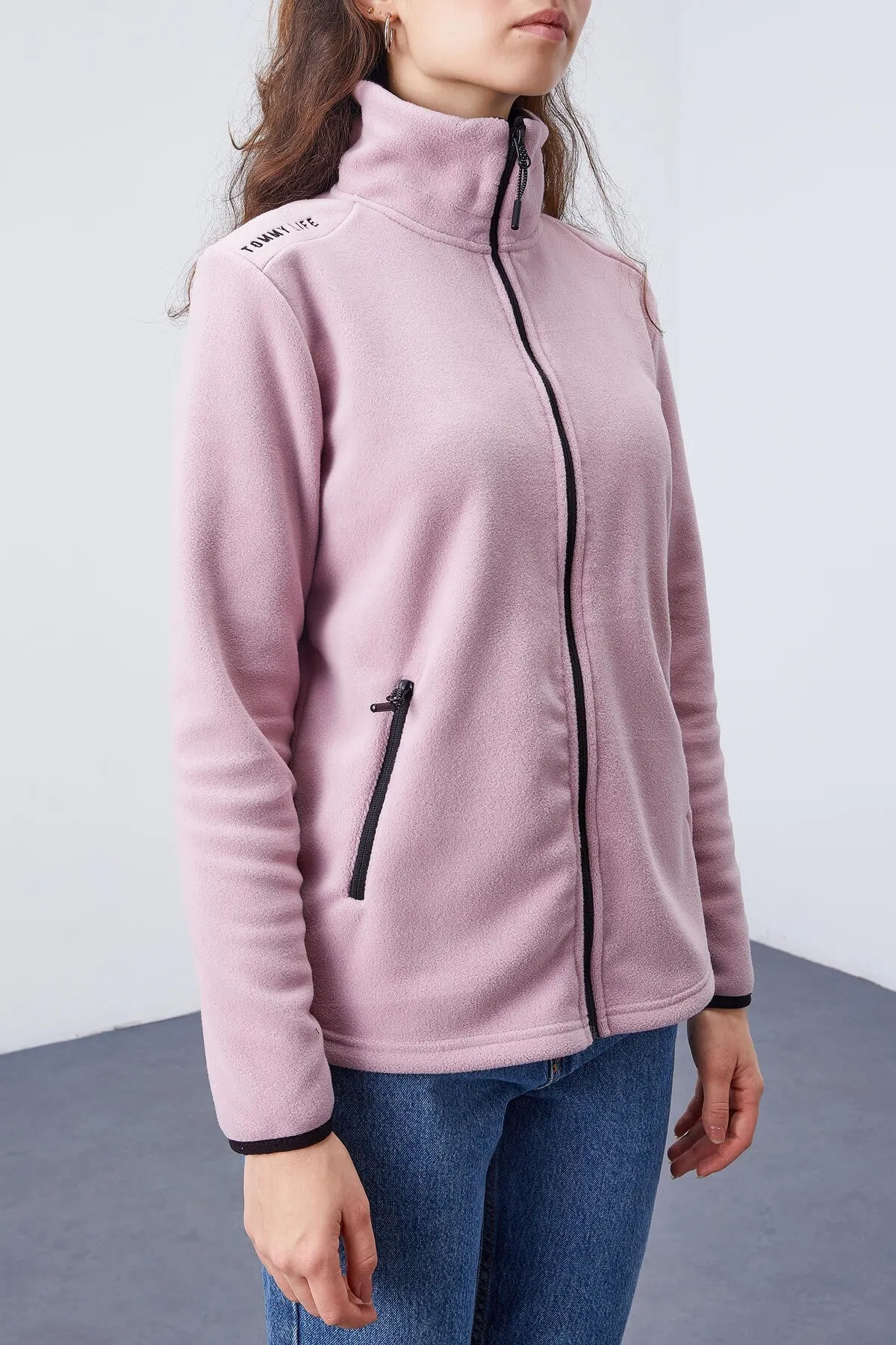 dik yaka fermuarli rahat form kadin polar sweatshirt - 97173