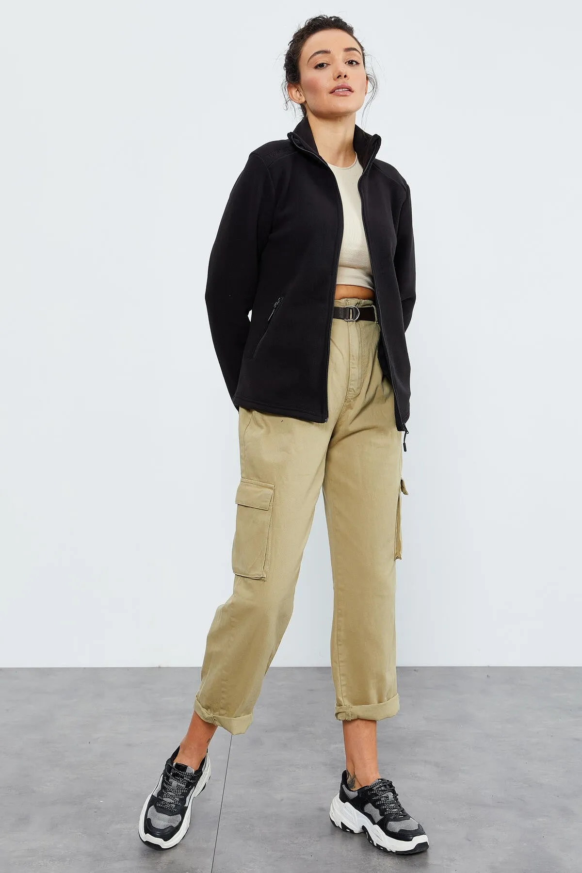 dik yaka fermuarli rahat form kadin polar sweatshirt - 97173