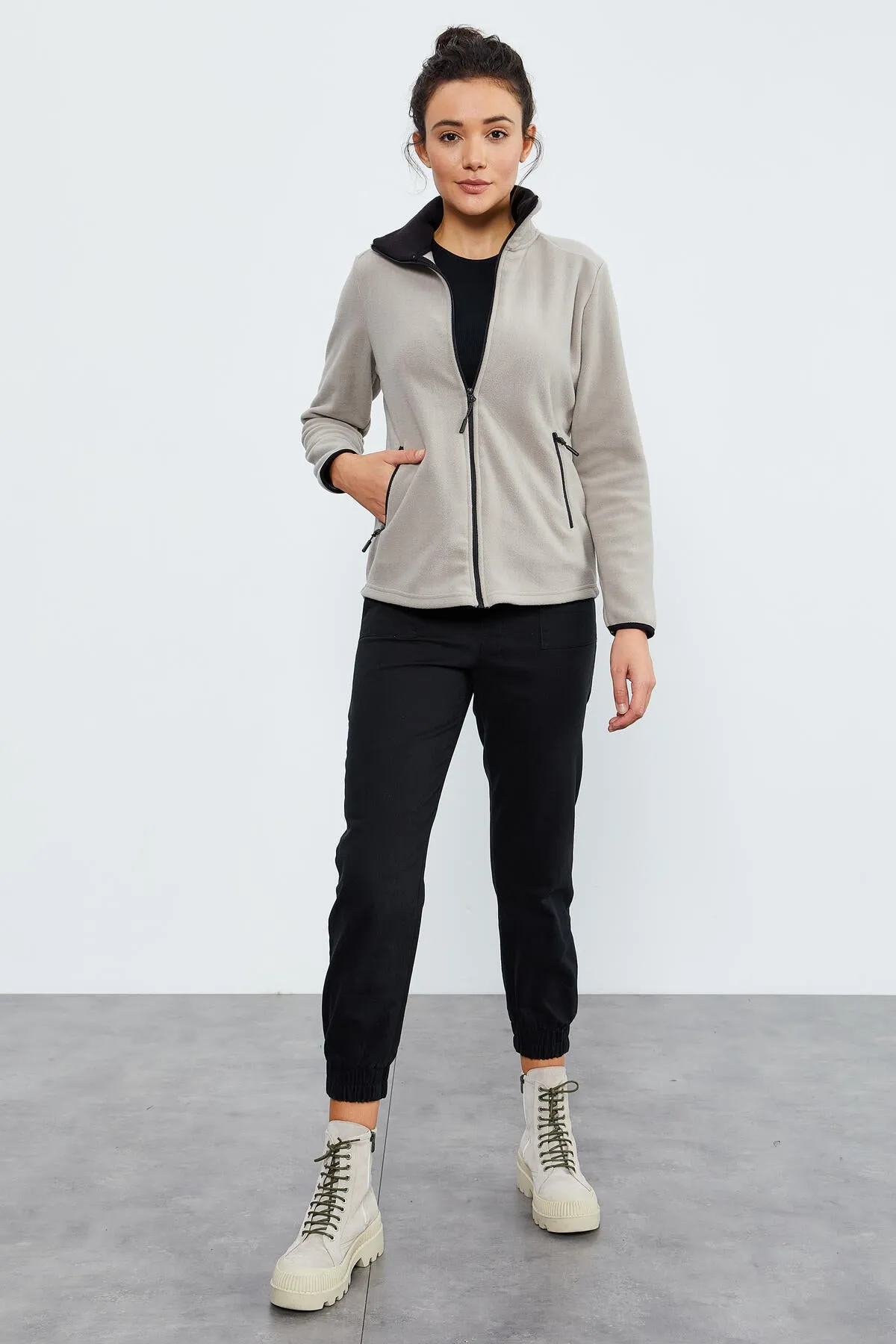 dik yaka fermuarli rahat form kadin polar sweatshirt - 97173