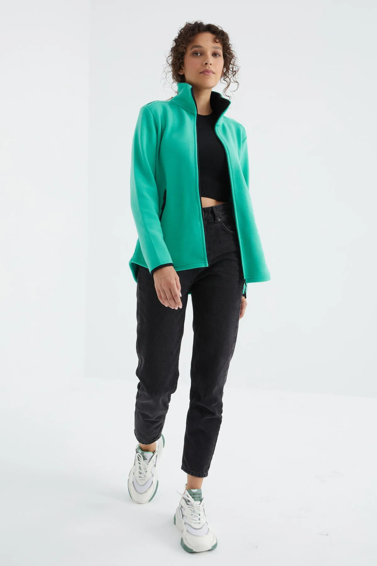 dik yaka fermuarli rahat form kadin polar sweatshirt - 97173