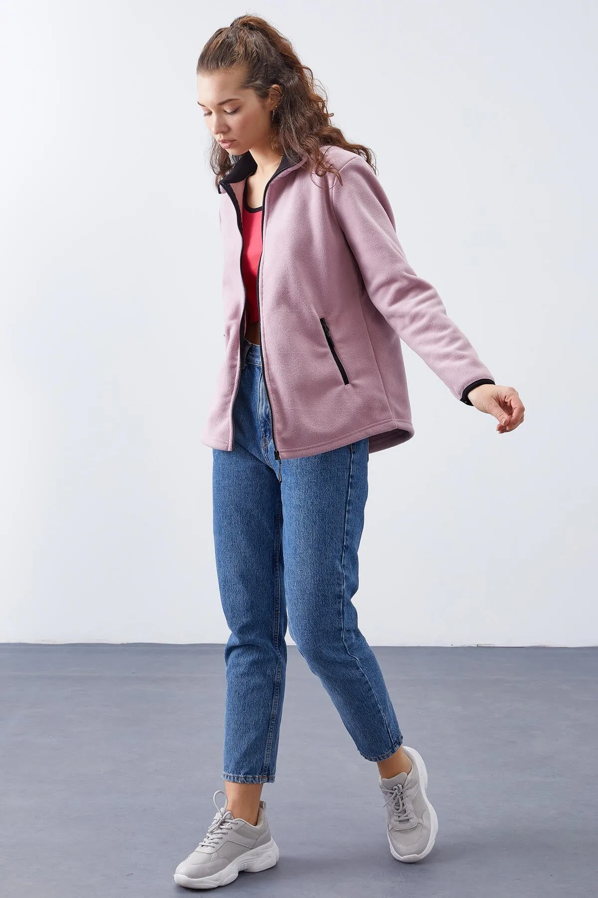 dik yaka fermuarli rahat form kadin polar sweatshirt - 97173