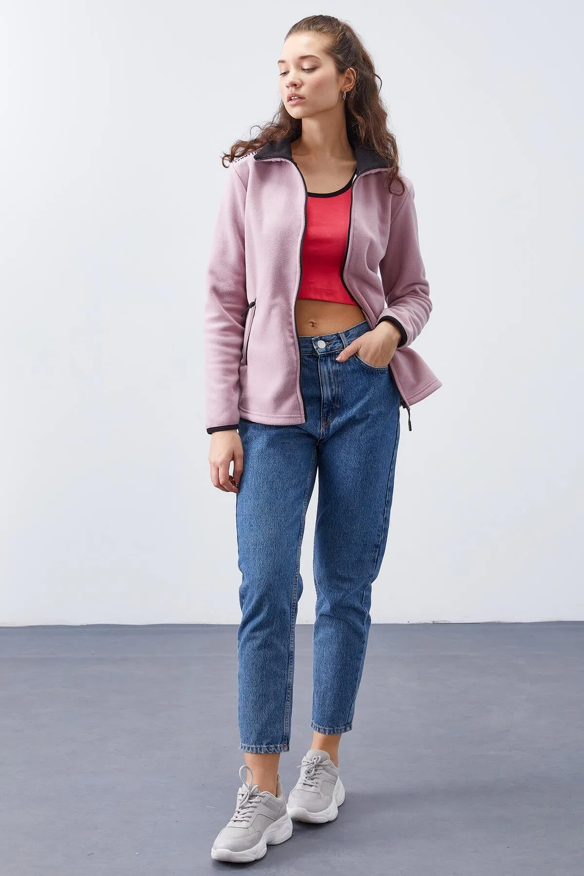 dik yaka fermuarli rahat form kadin polar sweatshirt - 97173