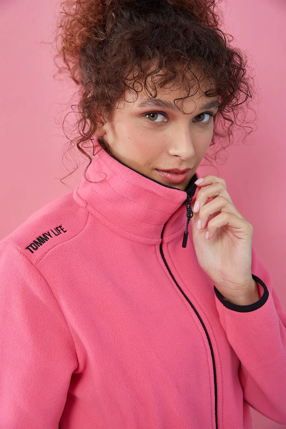 dik yaka fermuarli rahat form kadin polar sweatshirt - 97173