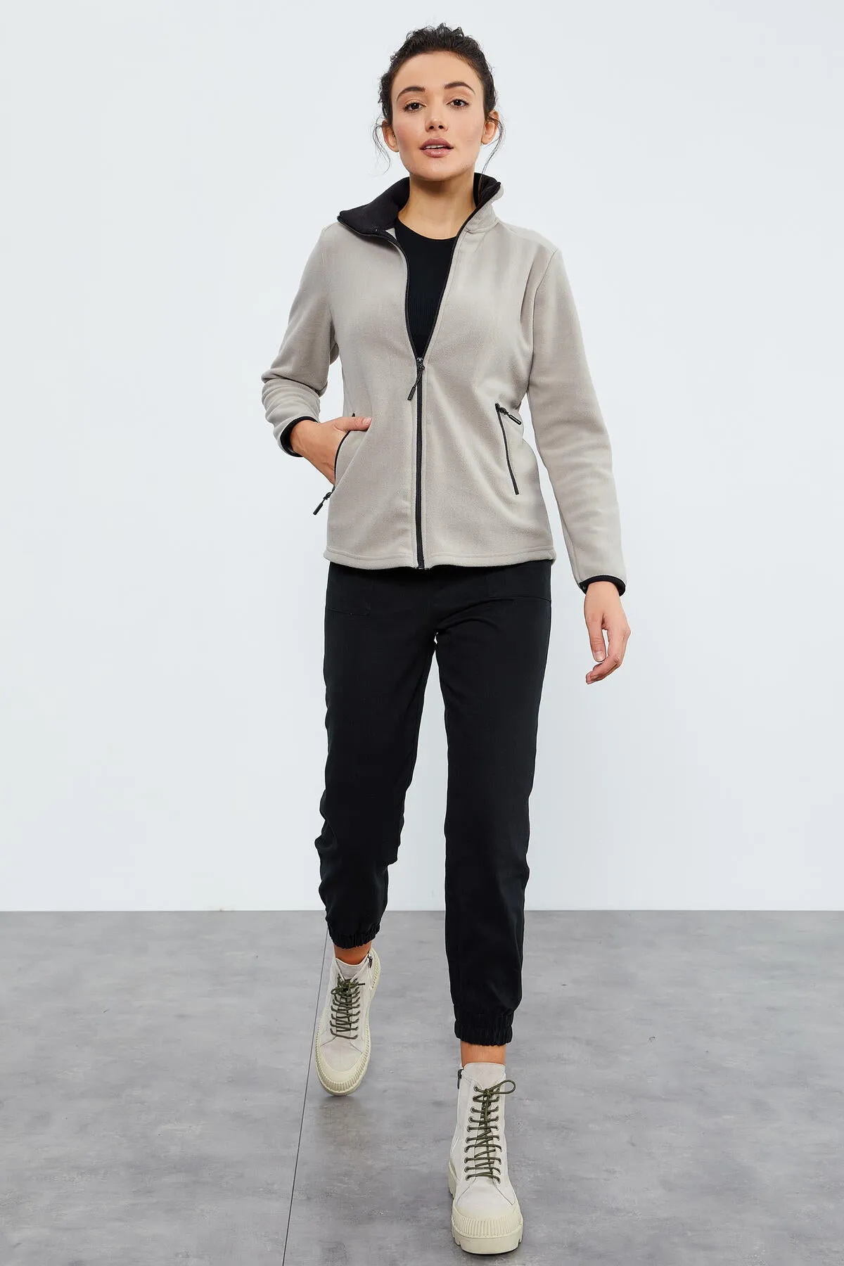 dik yaka fermuarli rahat form kadin polar sweatshirt - 97173
