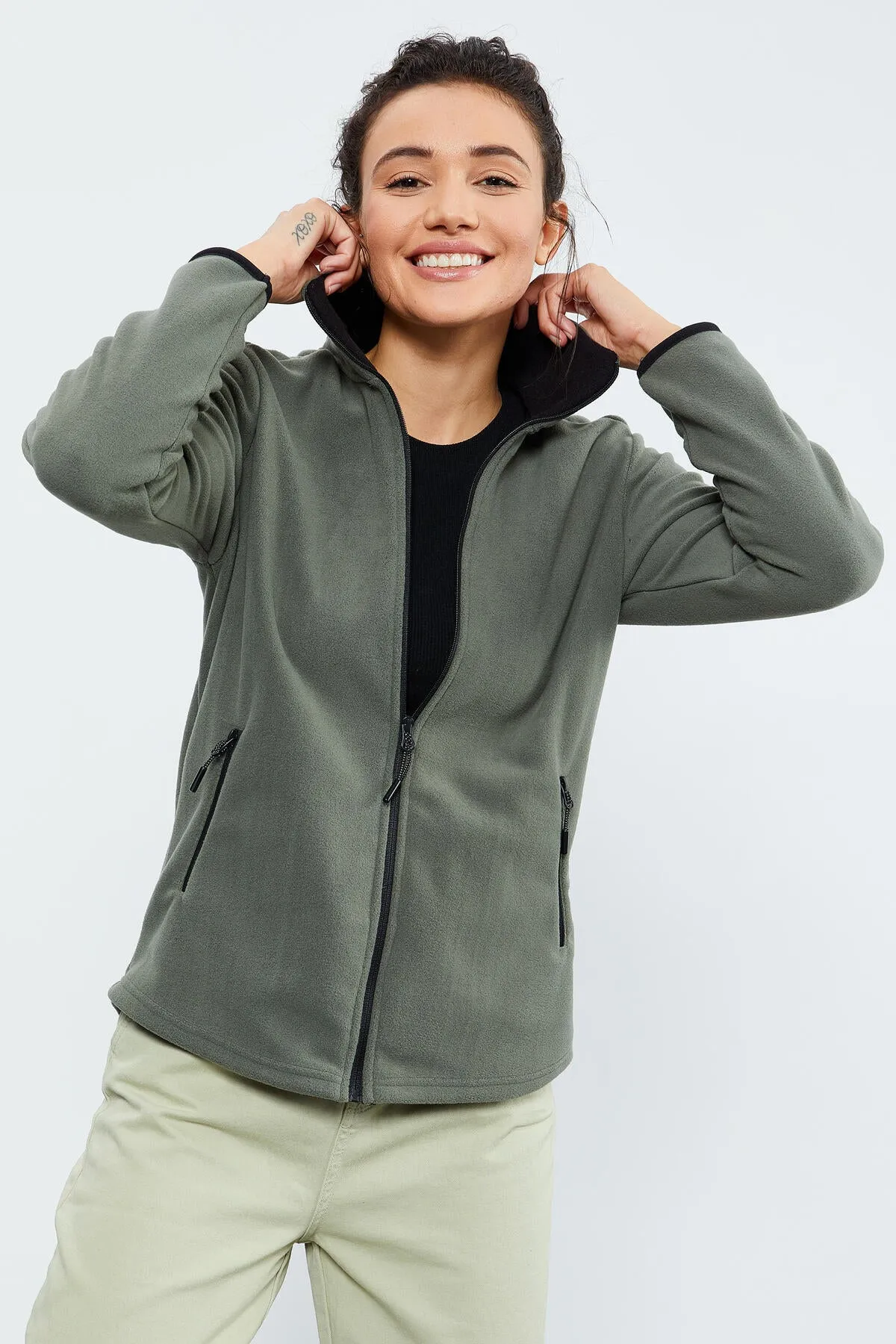 dik yaka fermuarli rahat form kadin polar sweatshirt - 97173
