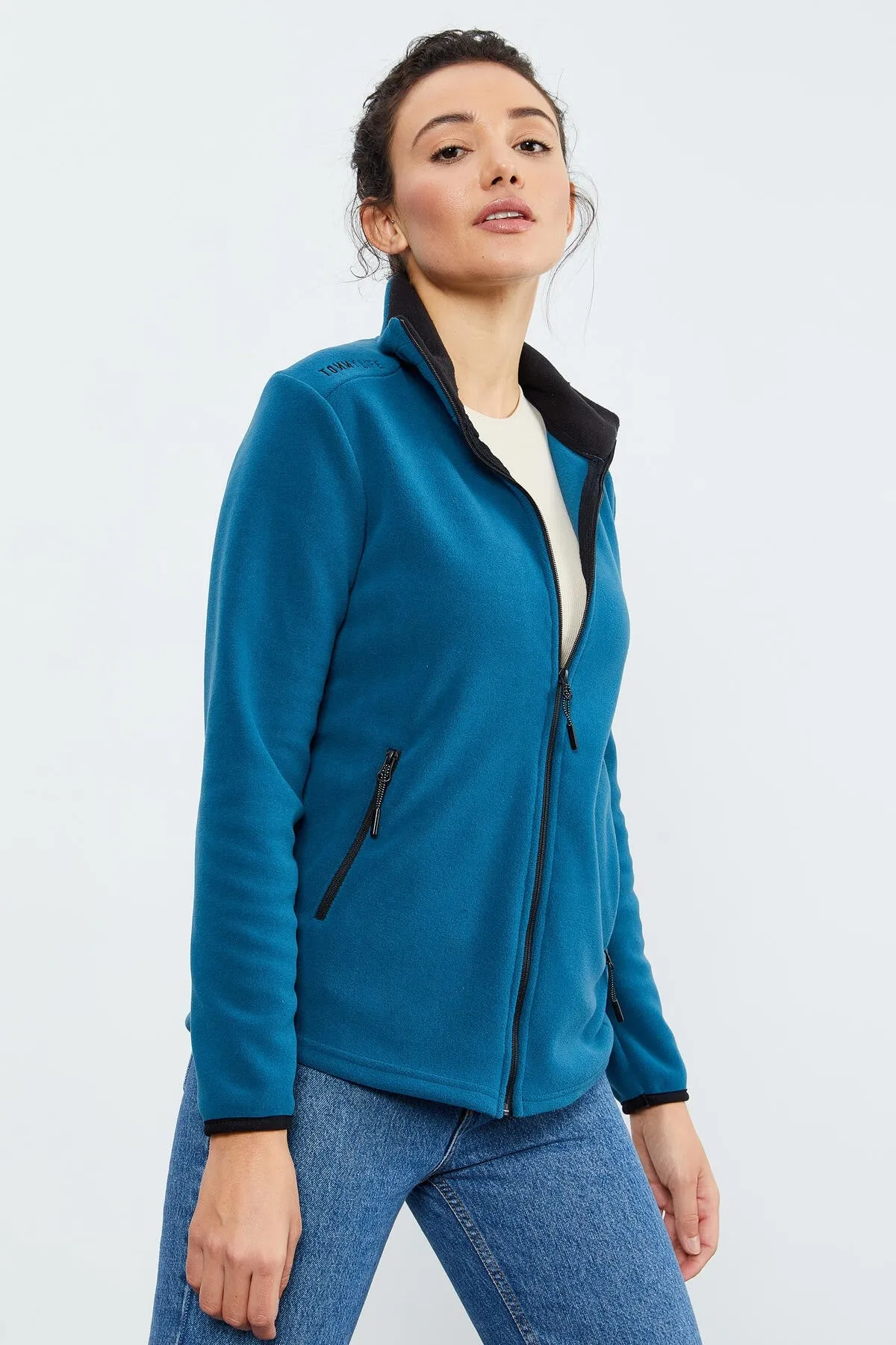 dik yaka fermuarli rahat form kadin polar sweatshirt - 97173