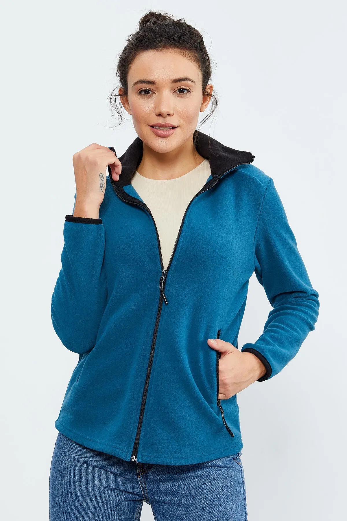 dik yaka fermuarli rahat form kadin polar sweatshirt - 97173