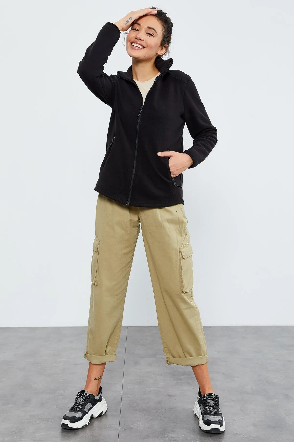 dik yaka fermuarli rahat form kadin polar sweatshirt - 97173