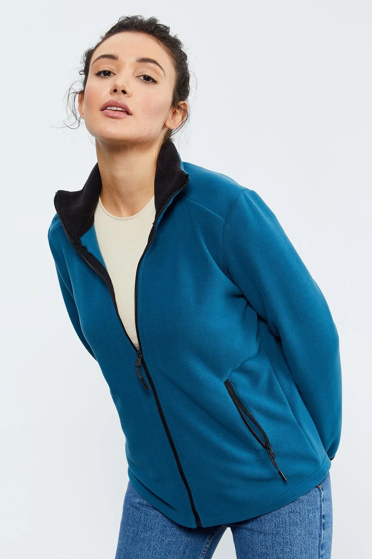 dik yaka fermuarli rahat form kadin polar sweatshirt - 97173