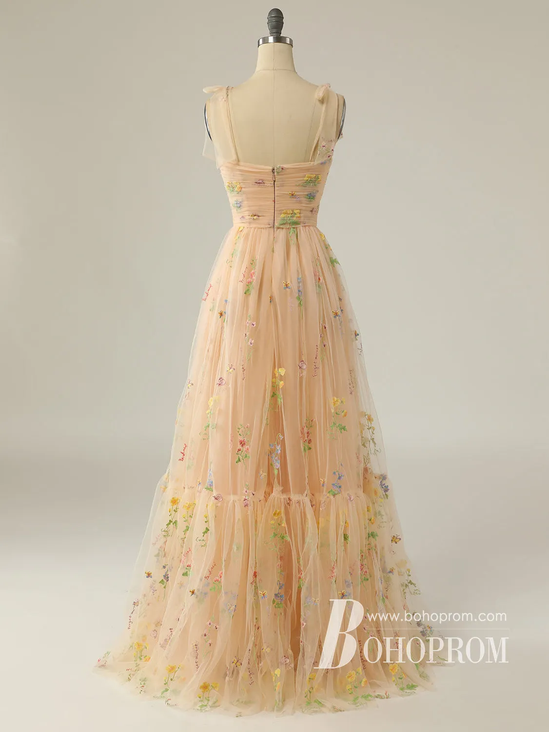 Fashion Foral Lace Spaghetti Straps Floor-length A-line Prom Dresses PD753