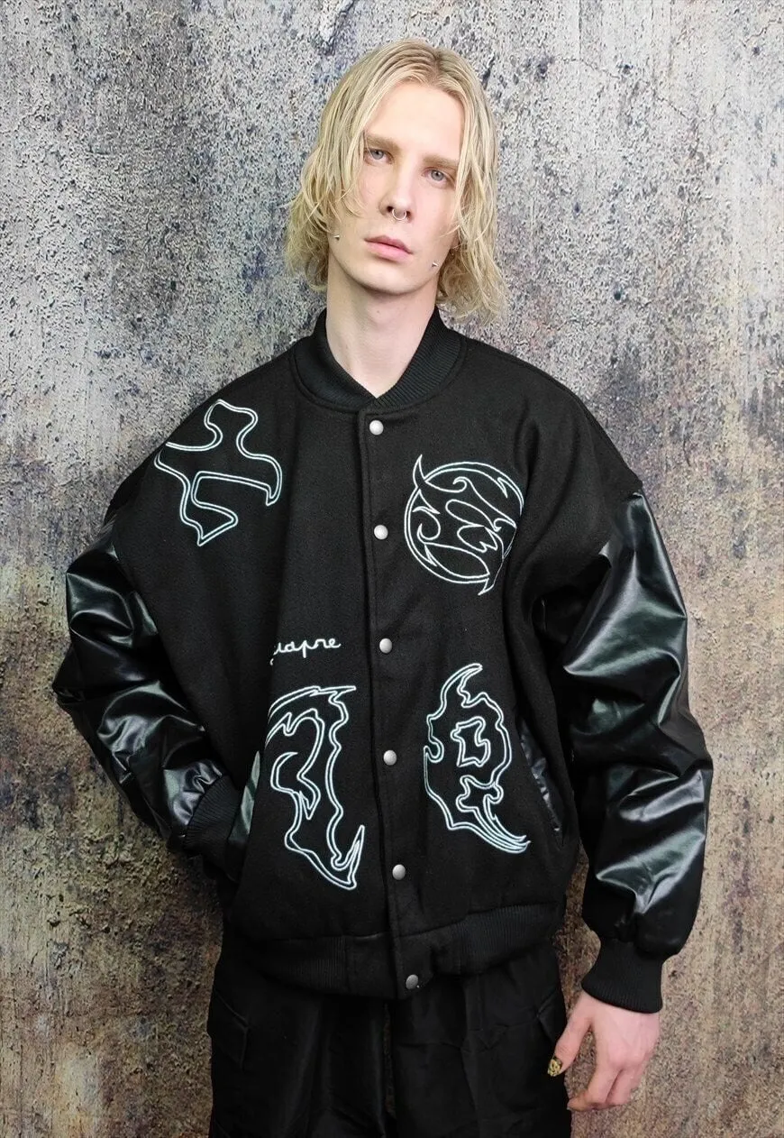 Grunge varsity jacket Gothic patch baseball bomber black