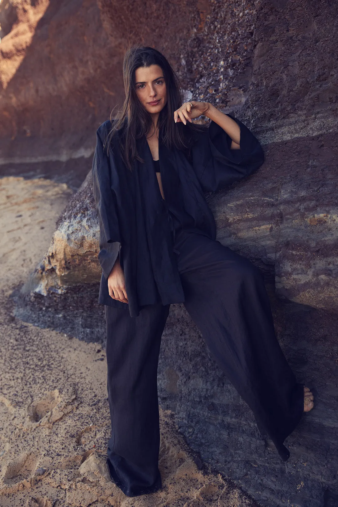 Jonathan Wide Leg Linen Pant  Black