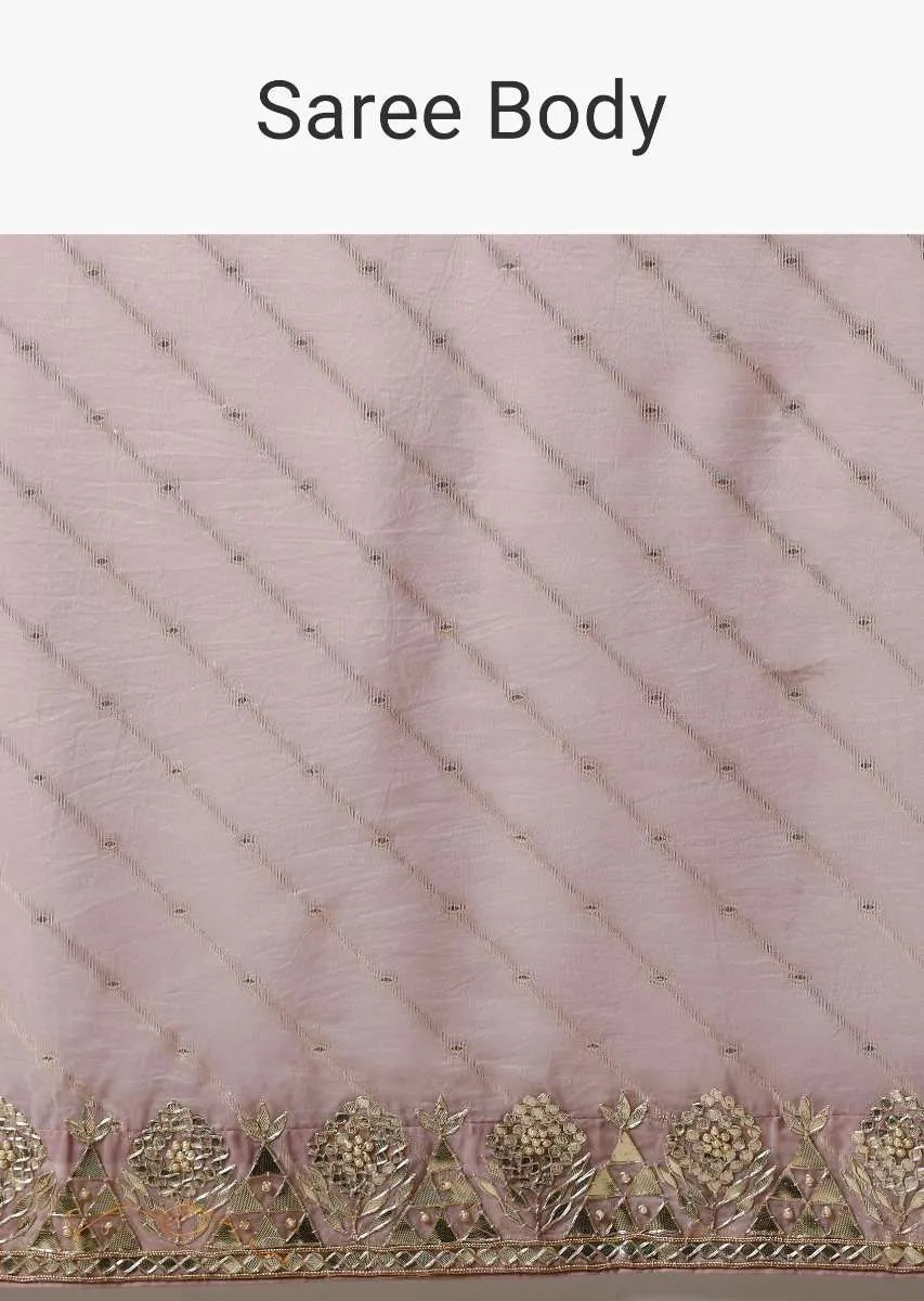 Lavender Purple Saree In Organza With Lurex Stripes And Gotta Patti Border Along With Unstitched Blouse