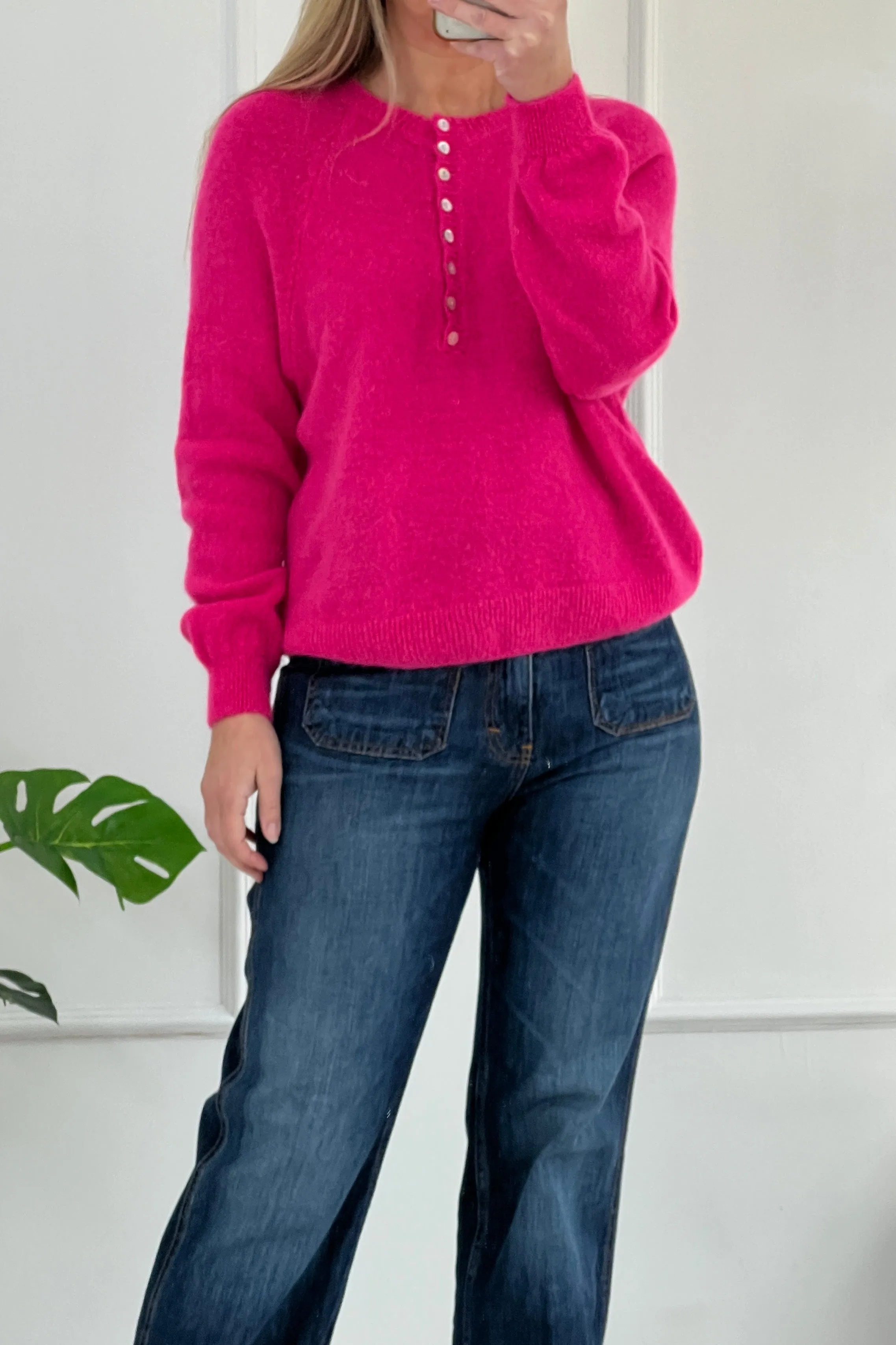 Leah Button Crew Knit Jumper | Hot Pink