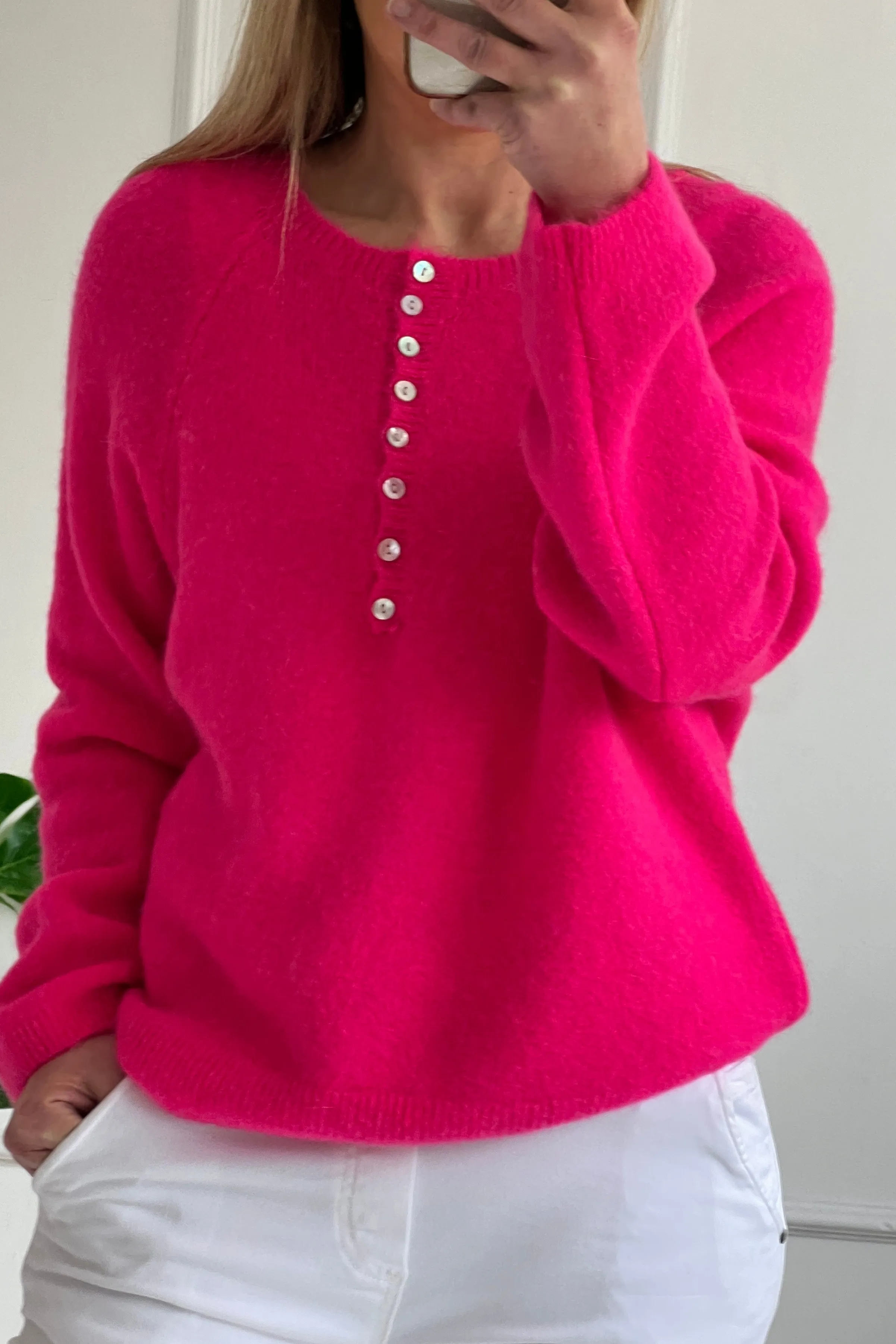 Leah Button Crew Knit Jumper | Hot Pink
