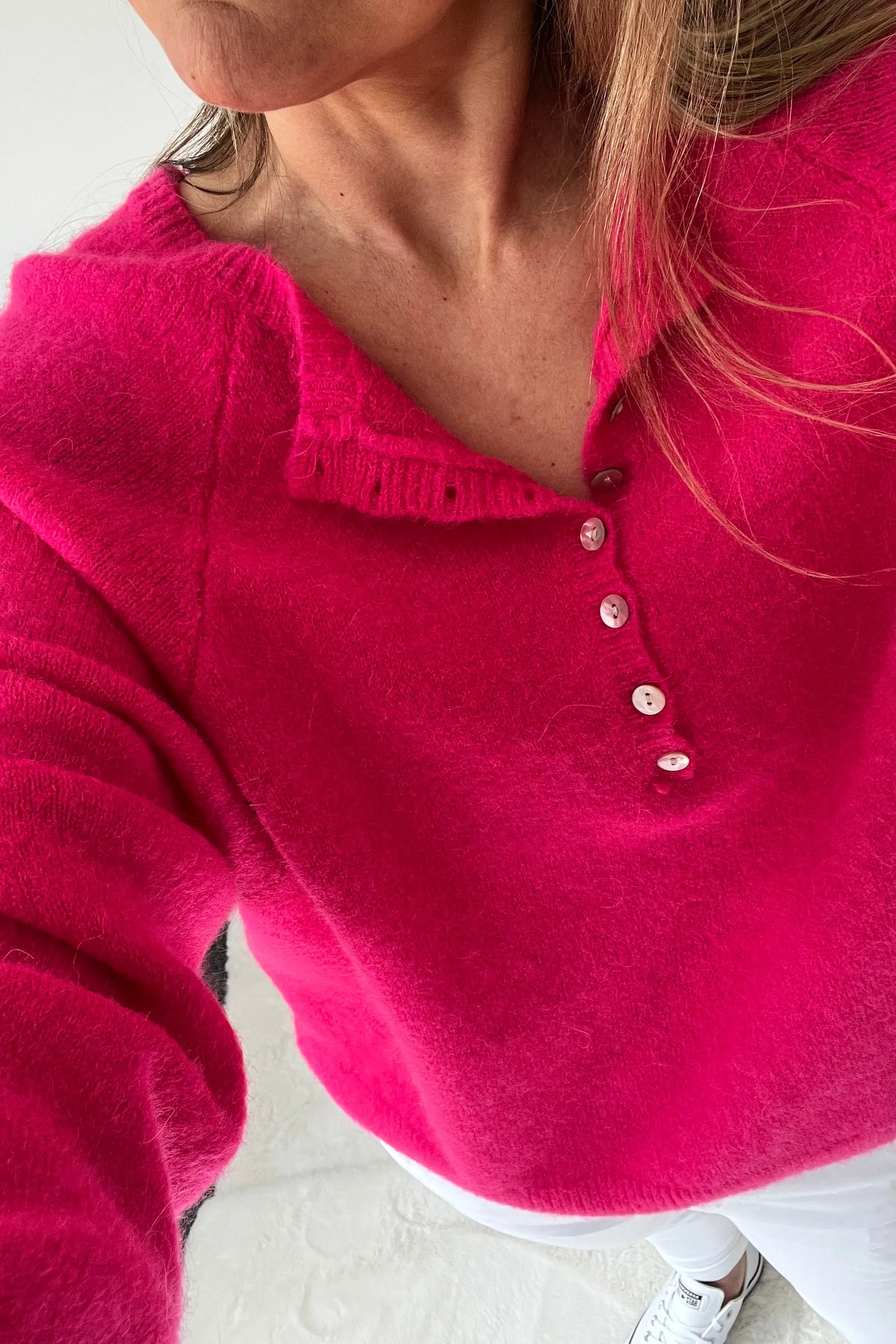 Leah Button Crew Knit Jumper | Hot Pink