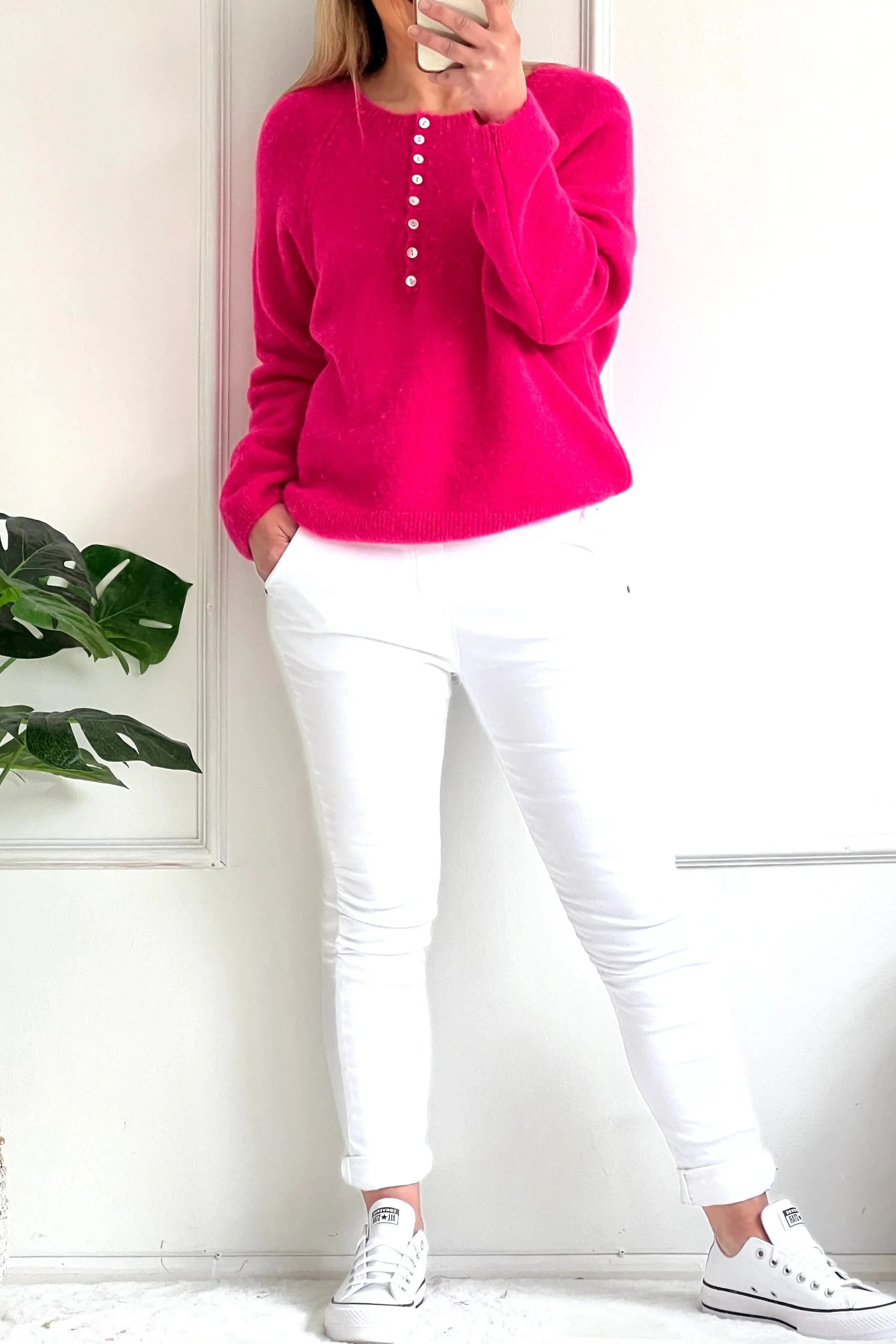 Leah Button Crew Knit Jumper | Hot Pink