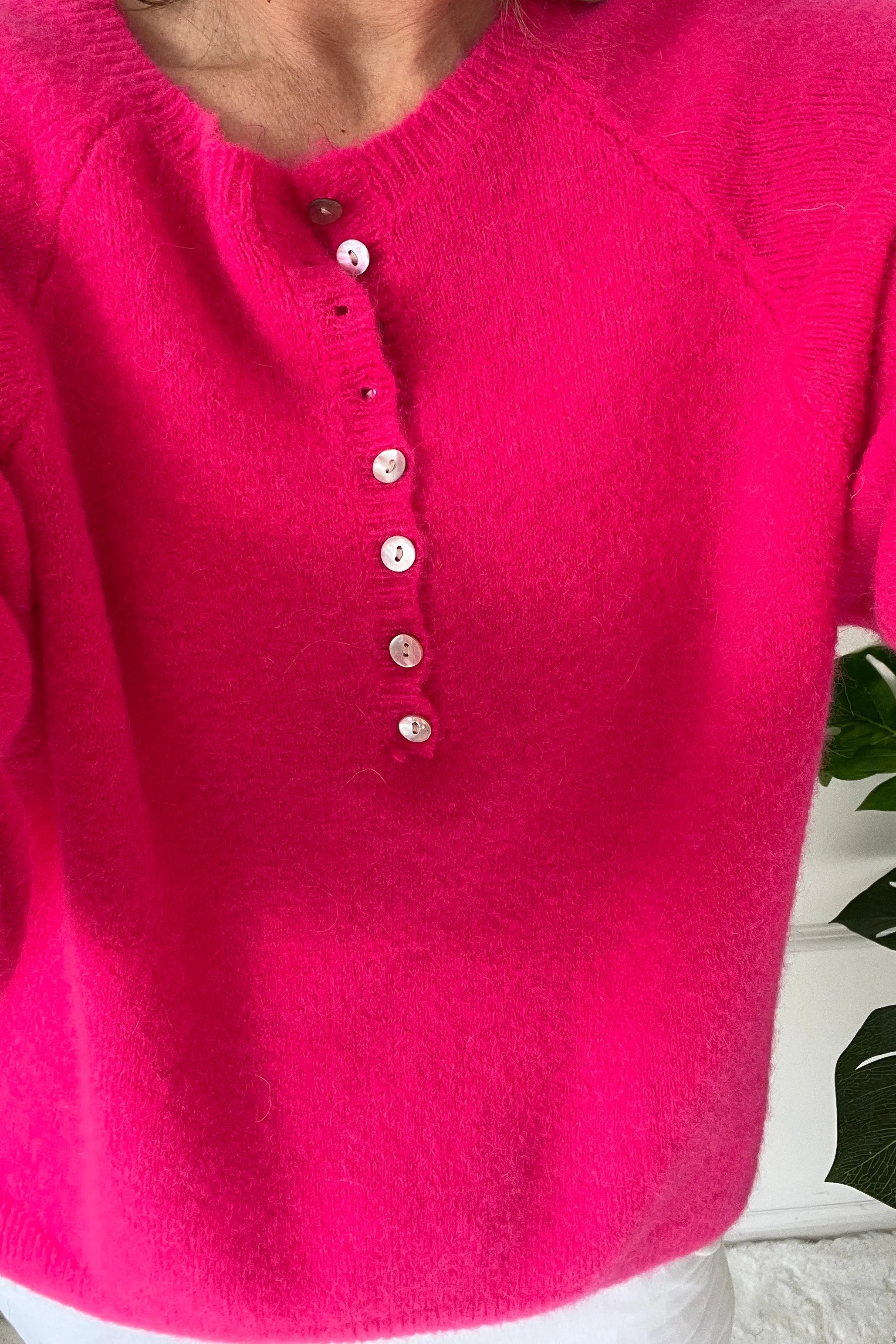 Leah Button Crew Knit Jumper | Hot Pink