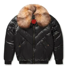 Men's Black Bubble V-Bomber Faux Shearling Leather Jacket