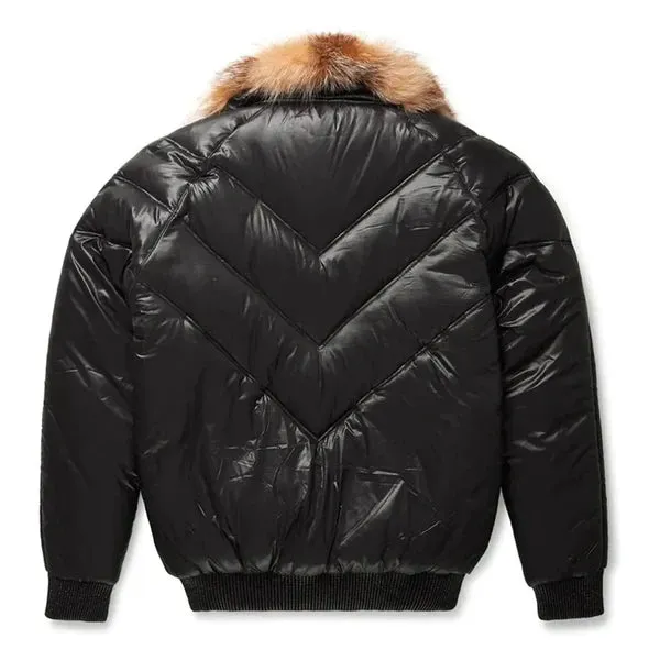 Men's Black Bubble V-Bomber Faux Shearling Leather Jacket