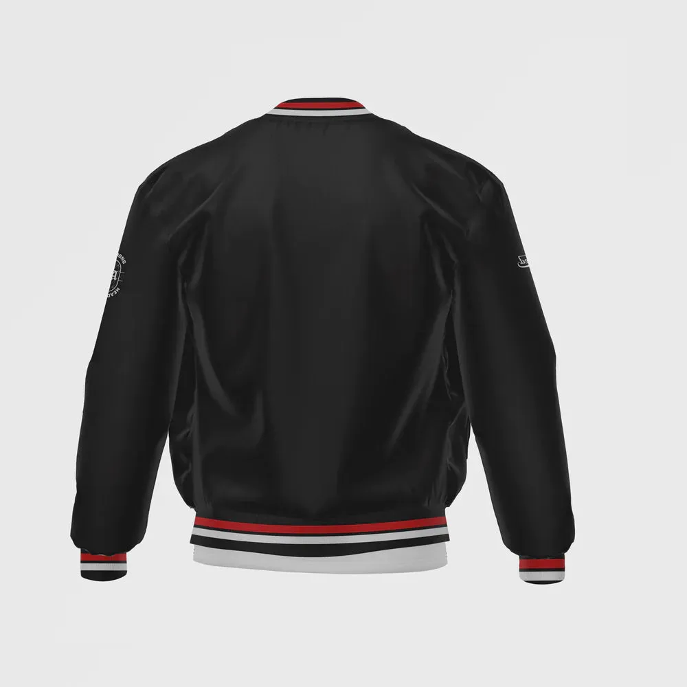 MEN’S BLACK SATIN BOMBER JACKET BY TJS