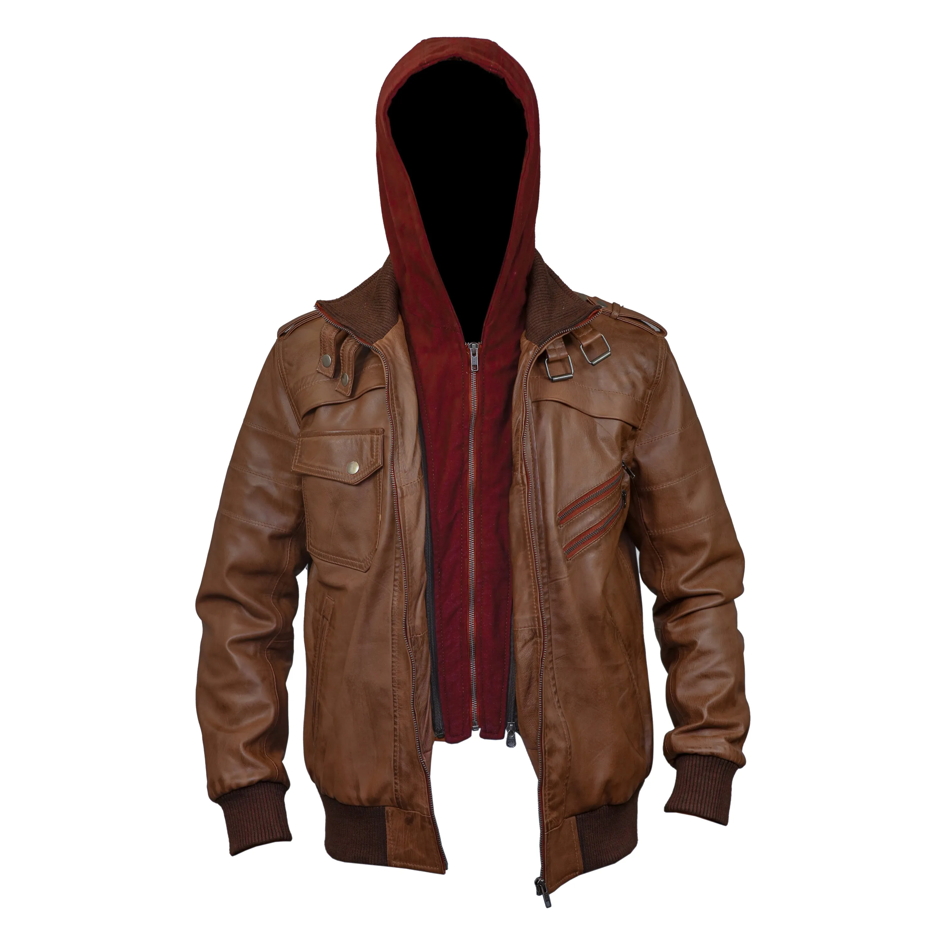 Men's Hooded Tan Wax Leather Bomber Jacket