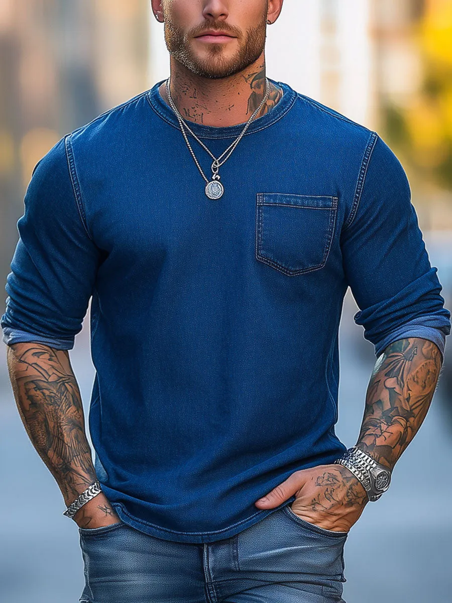 Men's Retro Round Neck Single Pocket Denim Long Sleeve T-Shirt