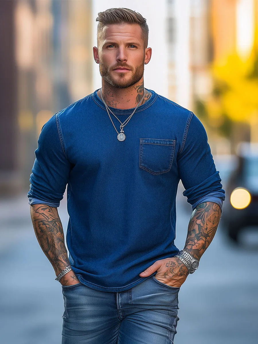 Men's Retro Round Neck Single Pocket Denim Long Sleeve T-Shirt