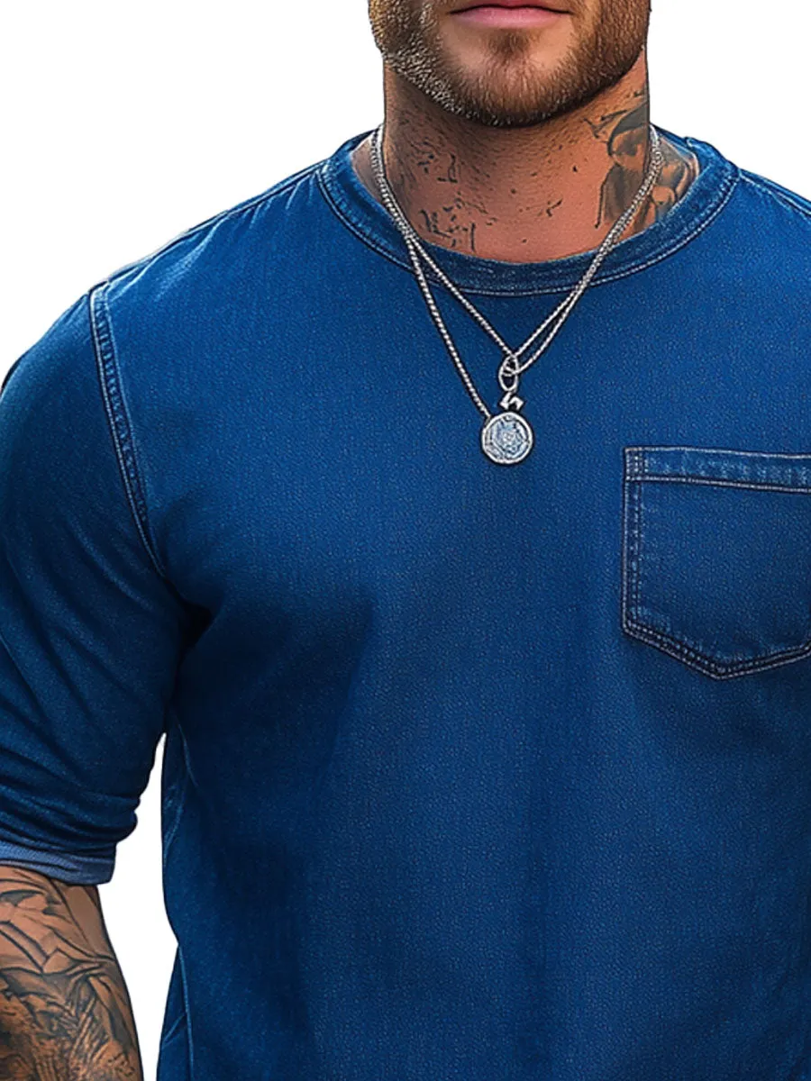 Men's Retro Round Neck Single Pocket Denim Long Sleeve T-Shirt