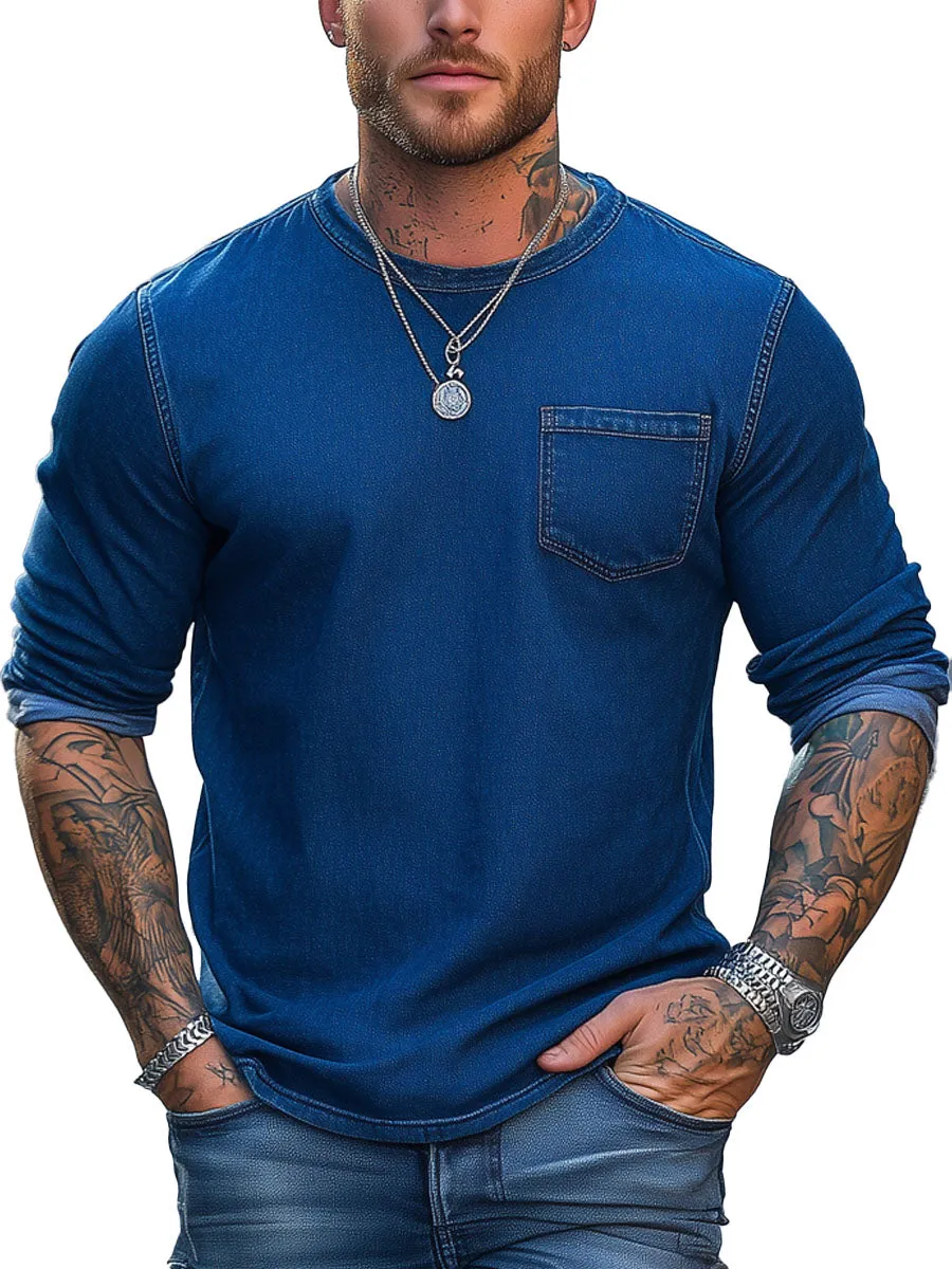 Men's Retro Round Neck Single Pocket Denim Long Sleeve T-Shirt