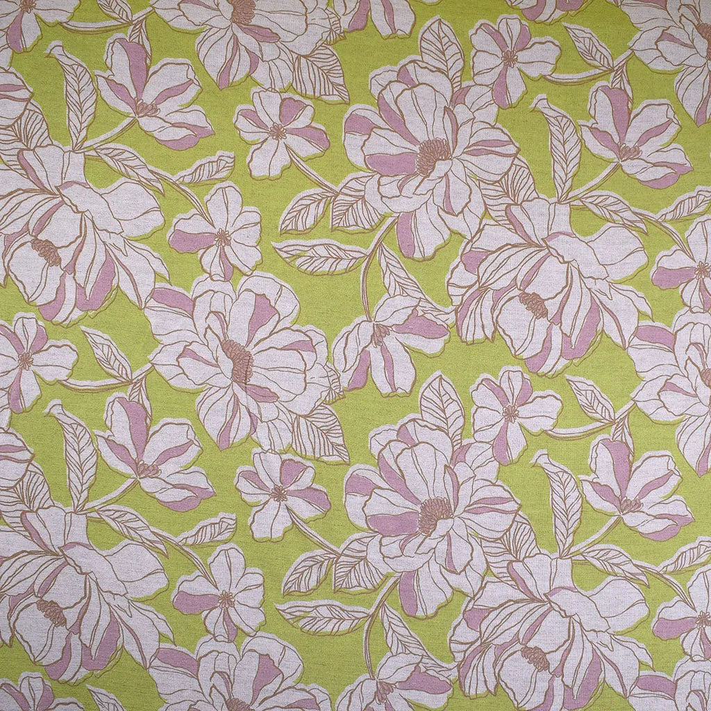 Modern Floral Outline Linen Blend Shirting Lime/Lavender