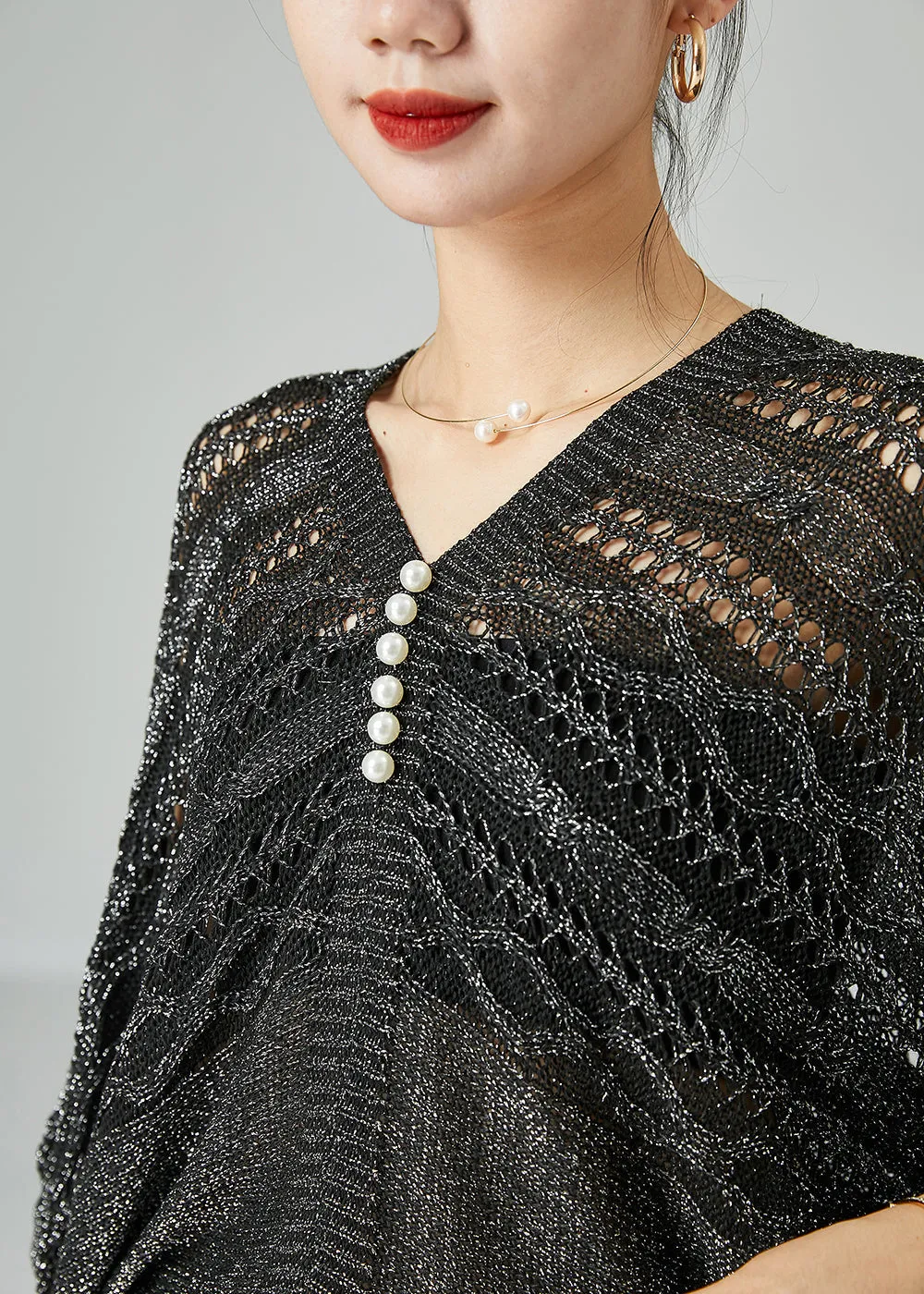 Modern Grey Oversized Hollow Out Knit Tops Batwing Sleeve LY2422