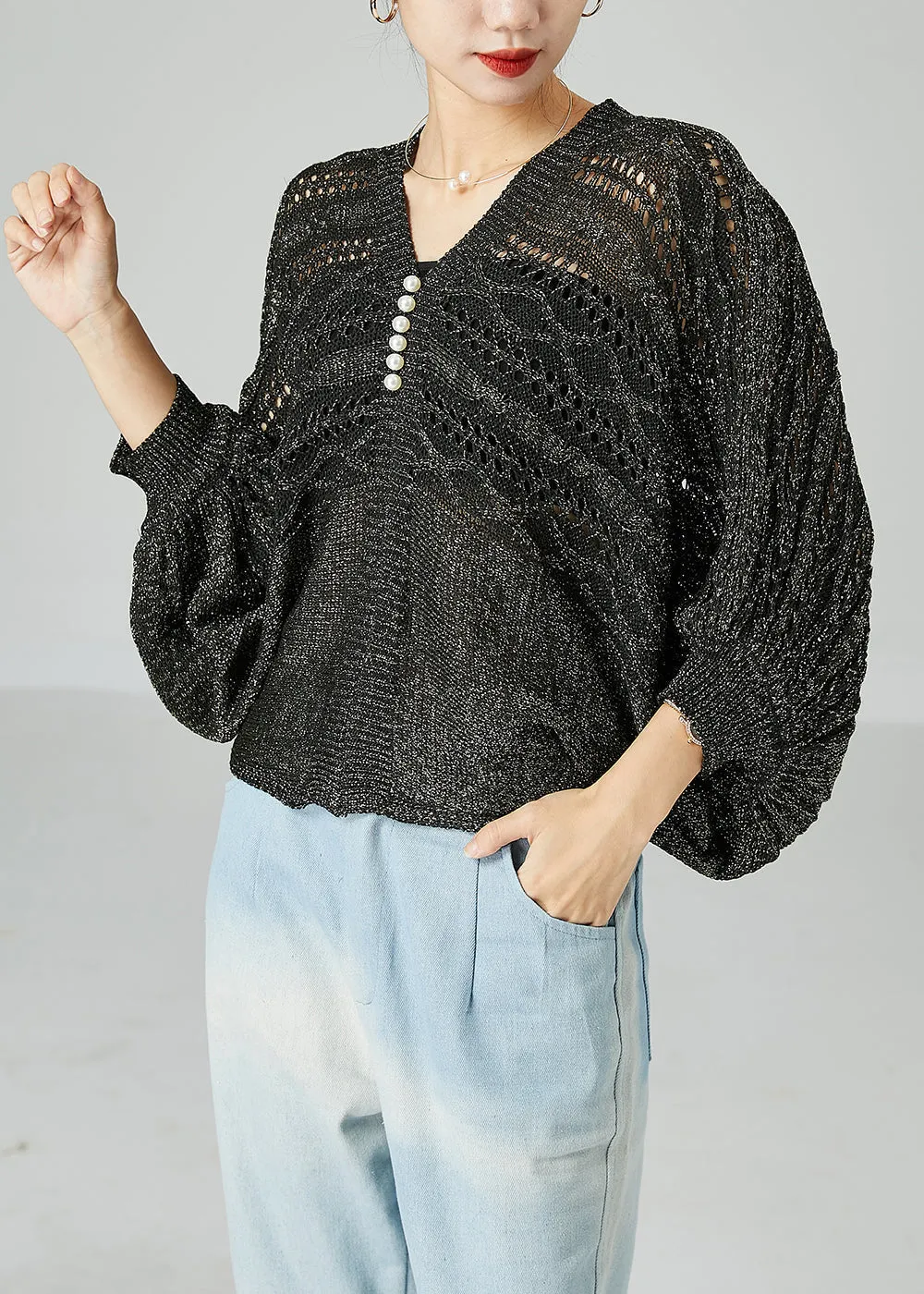 Modern Grey Oversized Hollow Out Knit Tops Batwing Sleeve LY2422