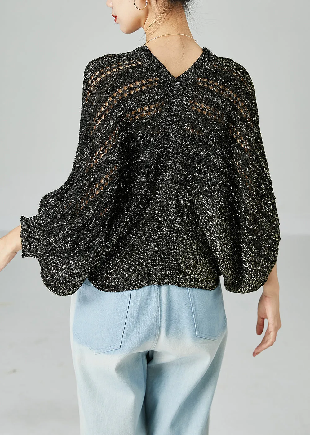 Modern Grey Oversized Hollow Out Knit Tops Batwing Sleeve LY2422