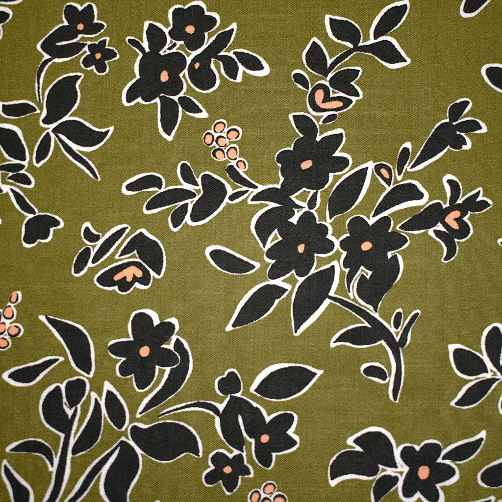 Modern Outlined Floral Rayon Challis Apple/Evergreen
