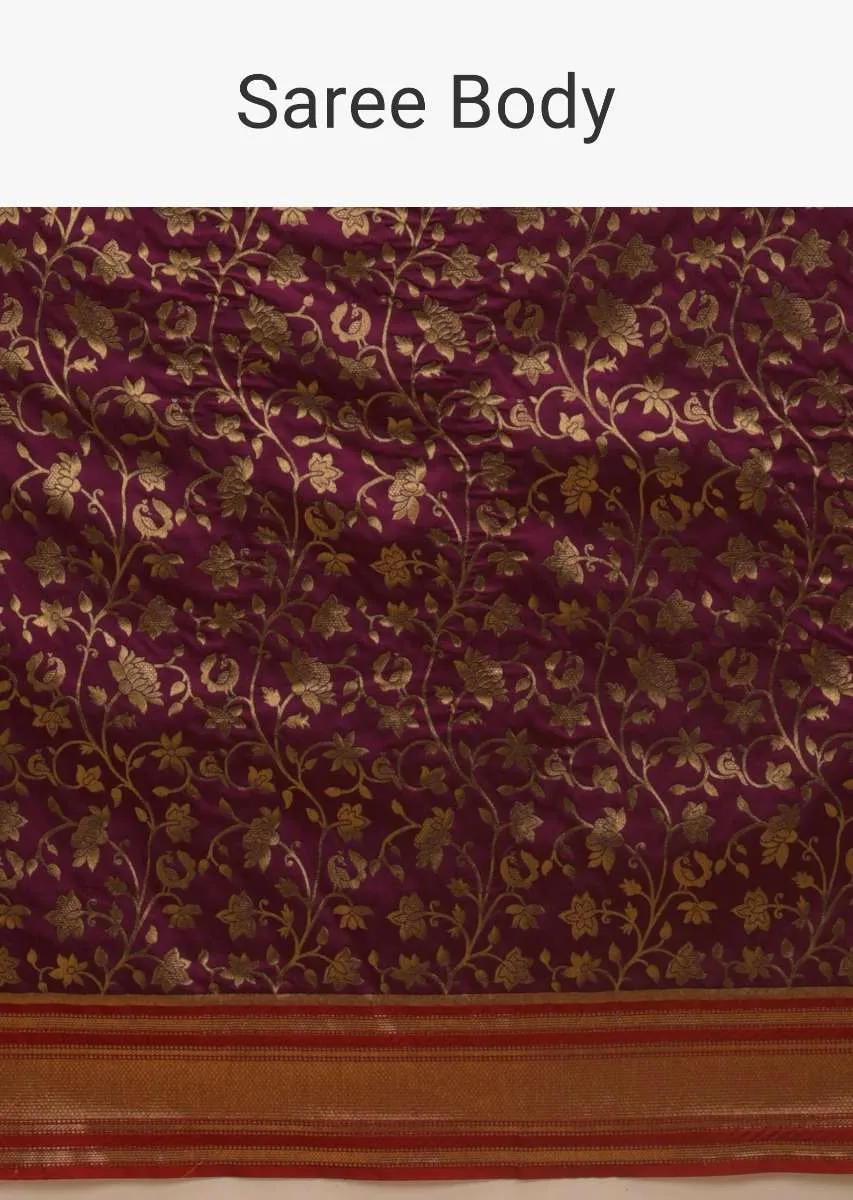 Mulberry Purple Banarasi Saree In Silk With Brocade Woven Floral Jaal And Red Brocade Border Along With Unstitched Blouse Online - Kalki Fashion