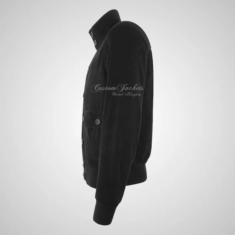 NOSTALGIC Black Suede Bomber Jacket For Mens Soft Goat Suede